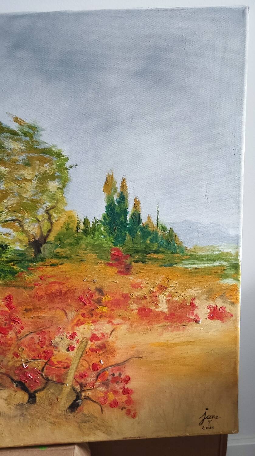 Textured autumn landscape painting – signed Jane – 70x50 cm