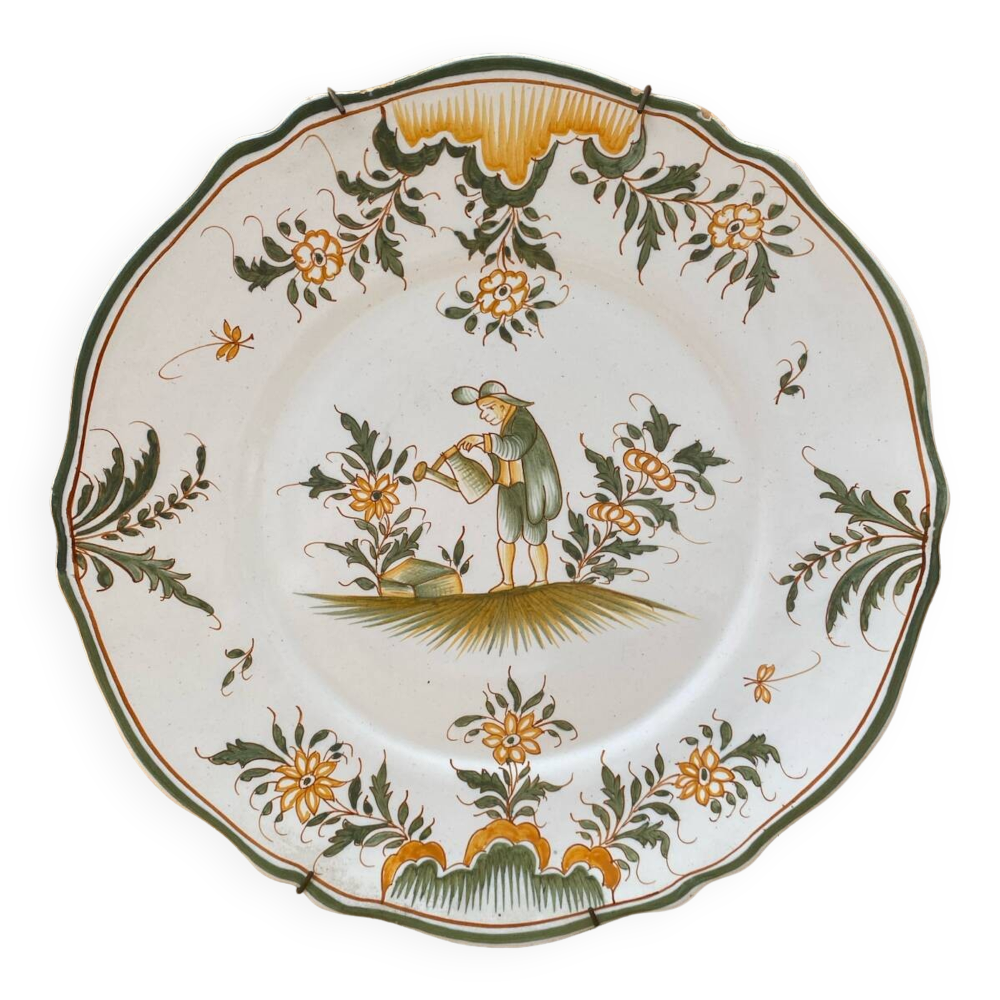 Ancienne Assiette MOUSTIERS Céramique Décor Vert & Orange Vintage #B195
