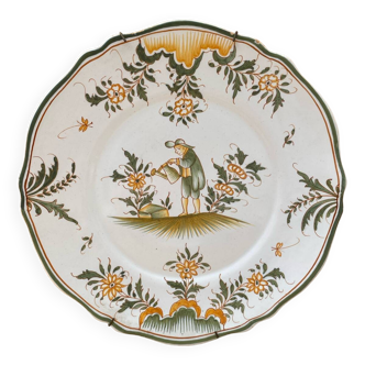 Old MOUSTIERS Ceramic Plate Green & Orange Decor Vintage #B195