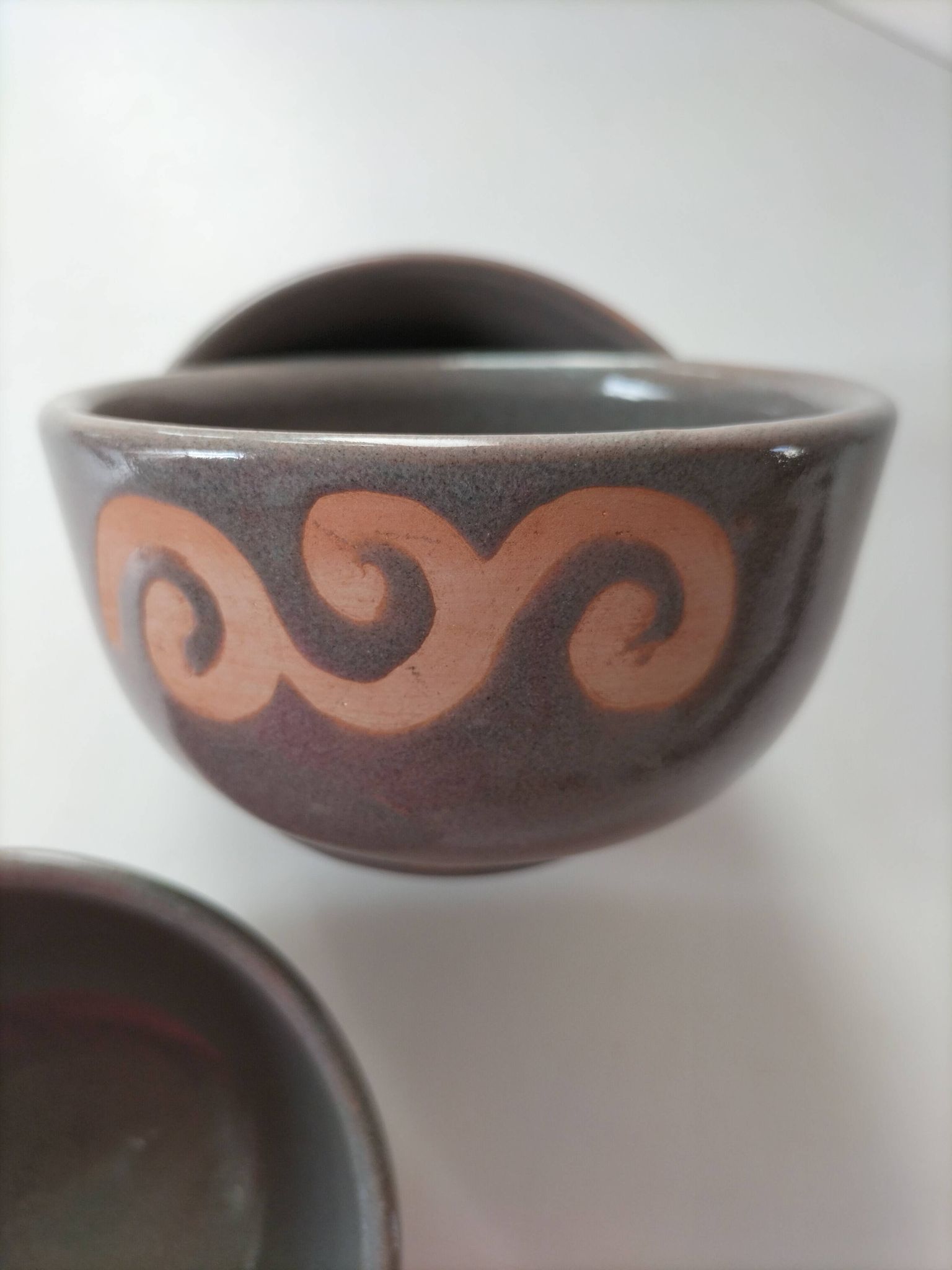 Set of 3 signed glazed stoneware bowls