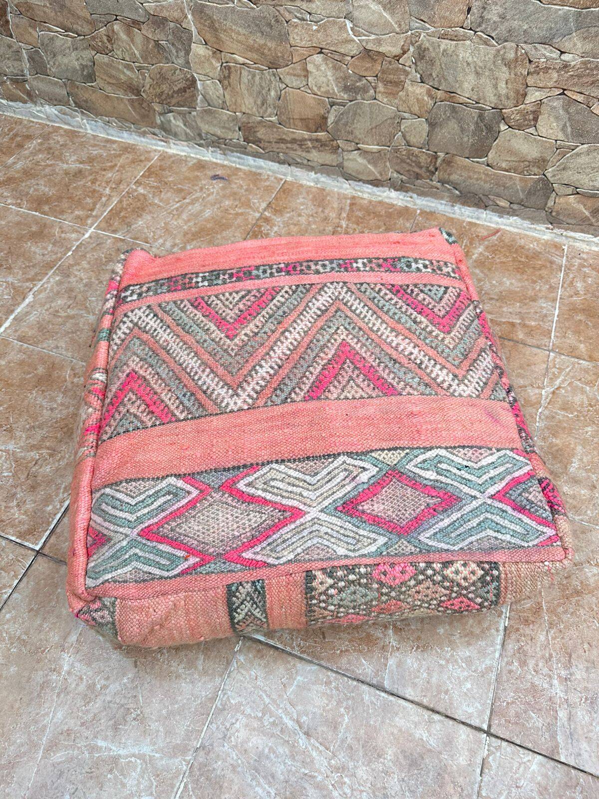 Handmade Moroccan Kilim Pouf: Vintage Berber Wool Floor Cushion