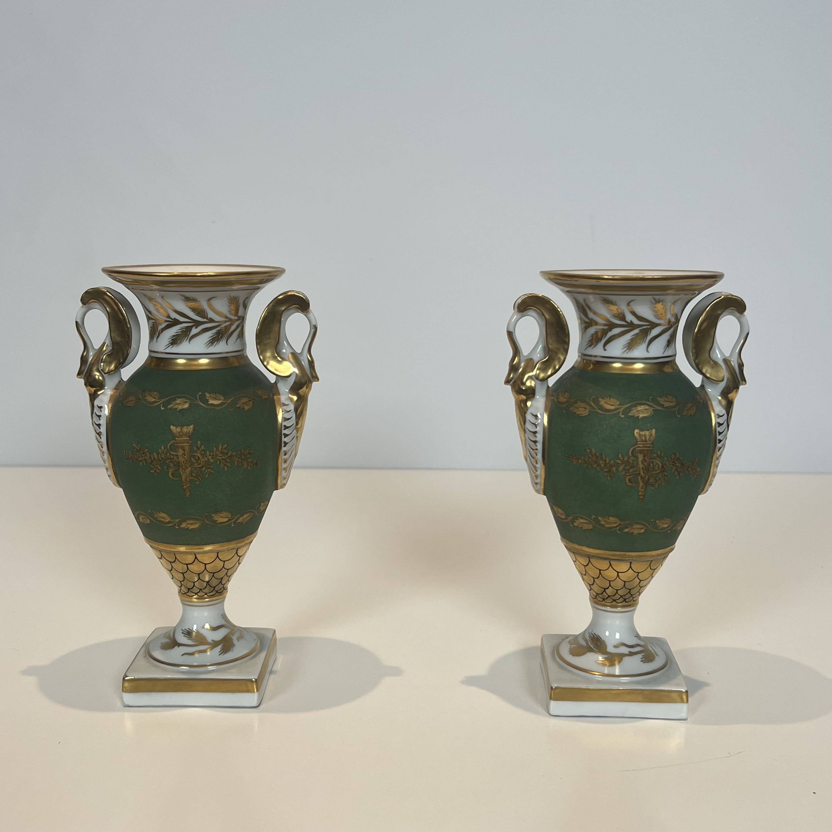 Pair of Empire Style Porcelain Vases, Decorated with Swans and Bundles