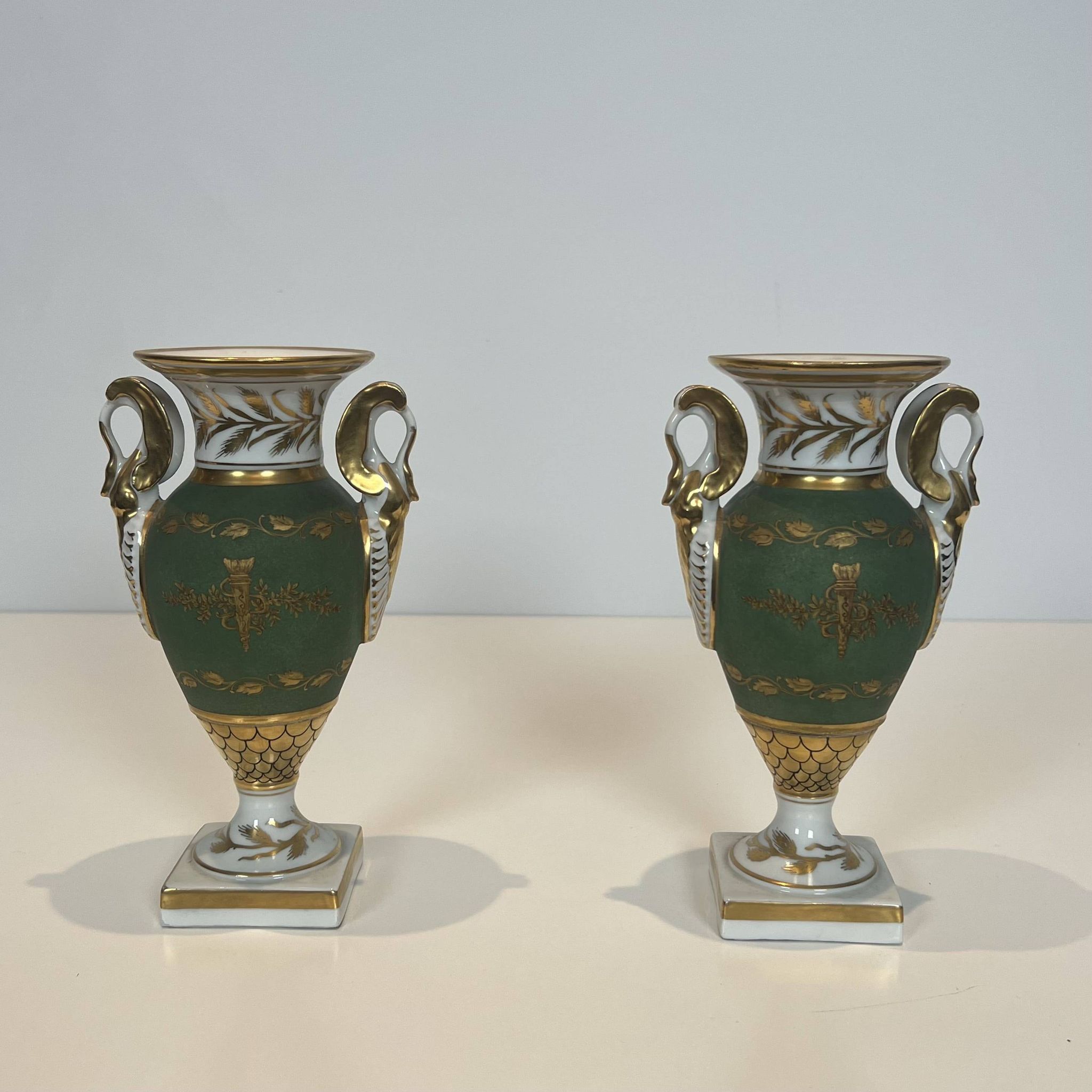 Pair of Empire Style Porcelain Vases, Decorated with Swans and Bundles