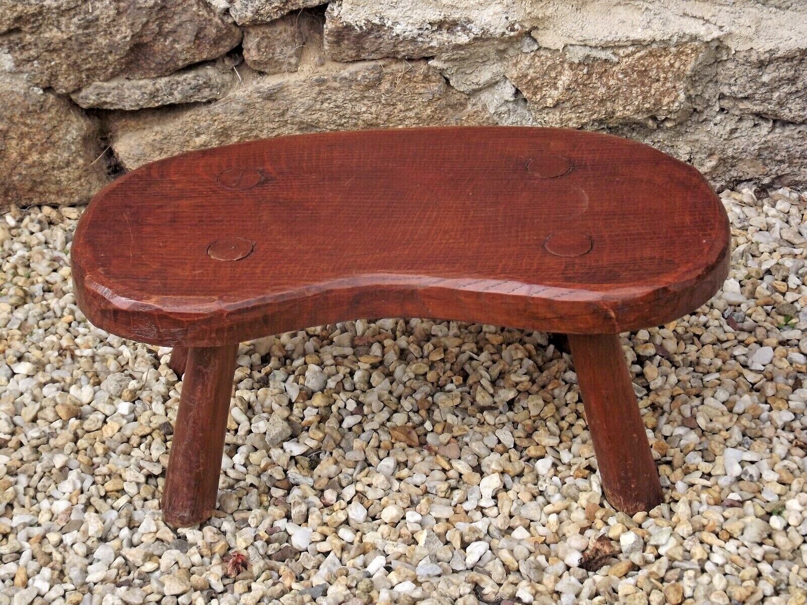 Vintage french hand turned solid oak 4 legged kidney shaped childs stool 3772