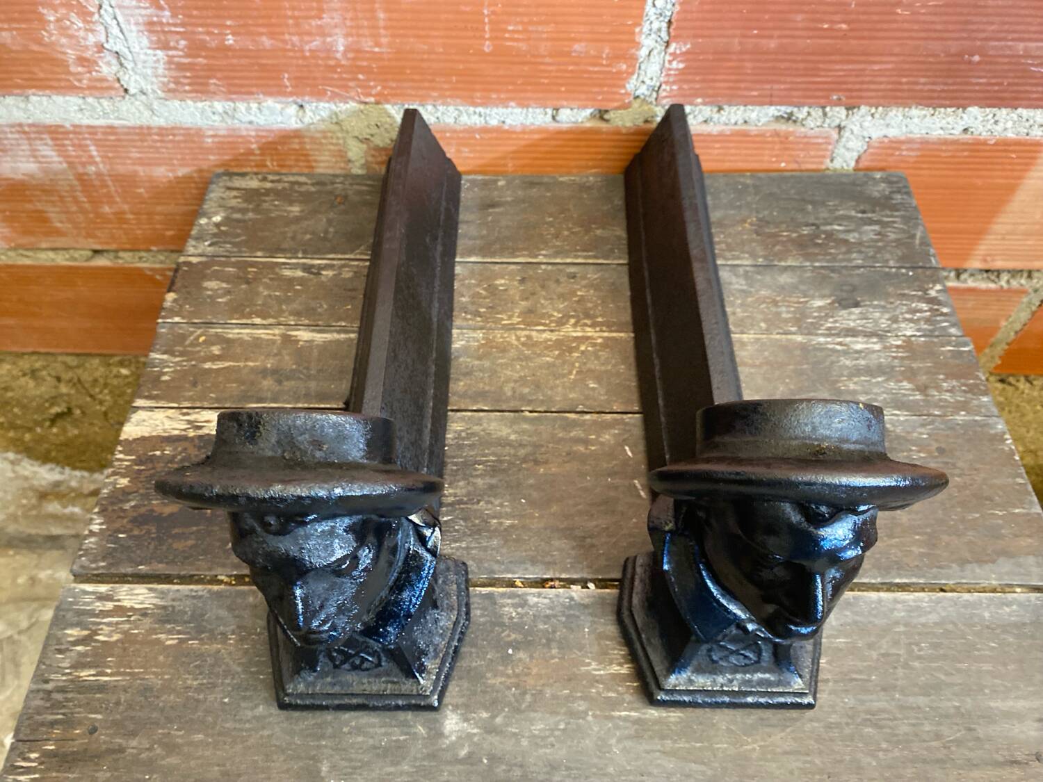 Pair of Fireplace Chenets Man with Hat Black Cast Iron Vintage #D703