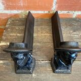 Pair of Fireplace Chenets Man with Hat Black Cast Iron Vintage #D703