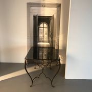 Table à manger Art Déco en fer forgé avec verre noir, années 1930