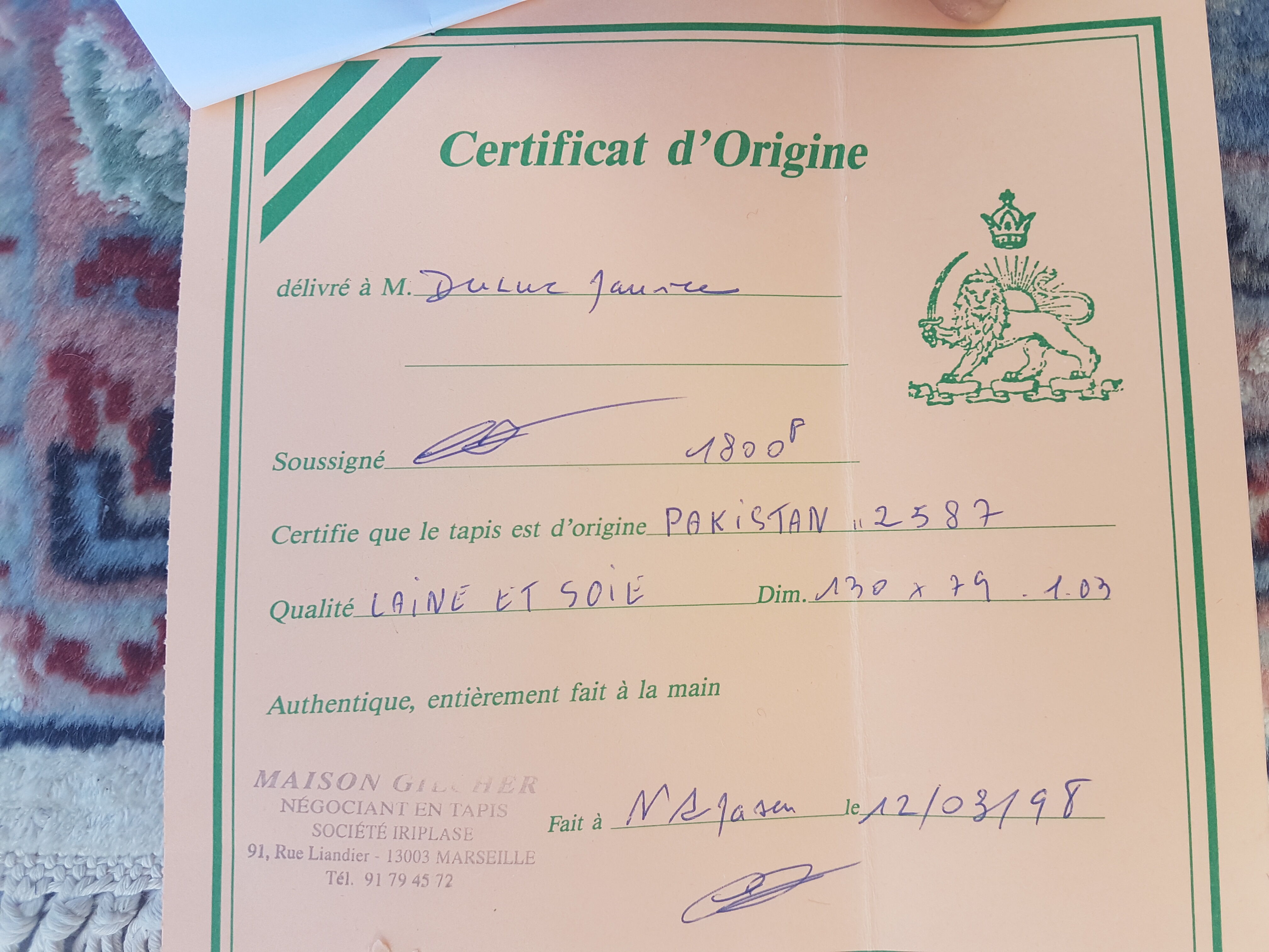 Iranian silk carpet handmade 76x131cm