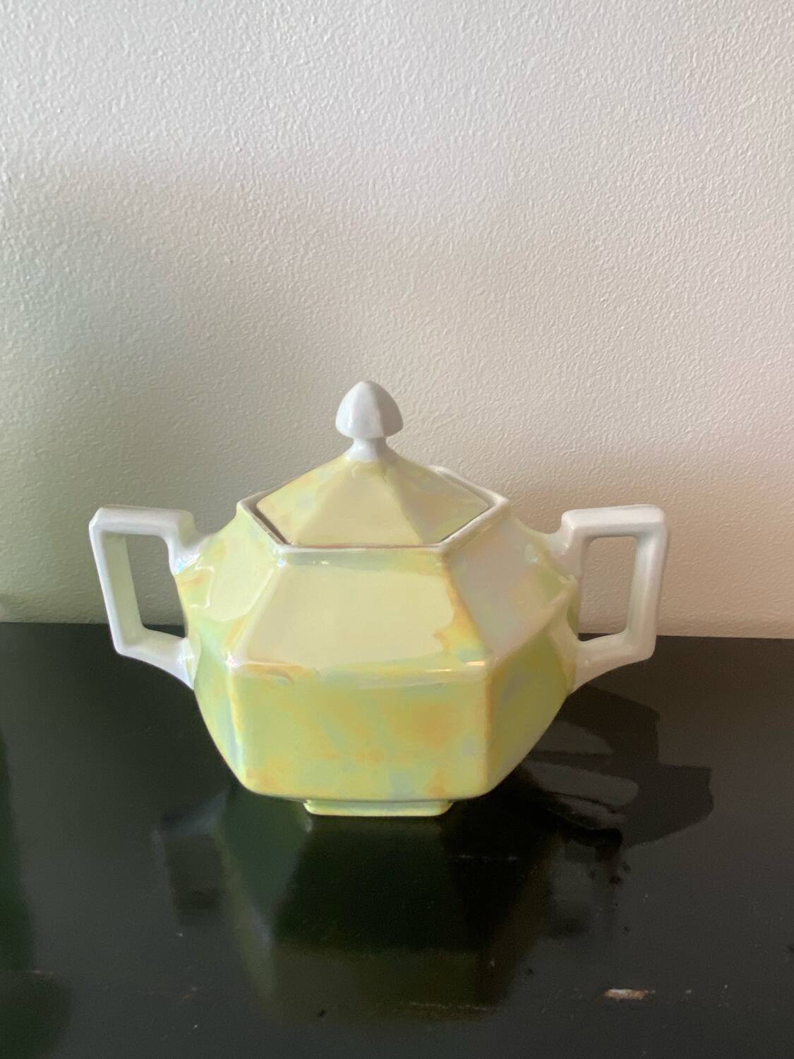 Vintage art deco sugar bowl in iridescent yellow