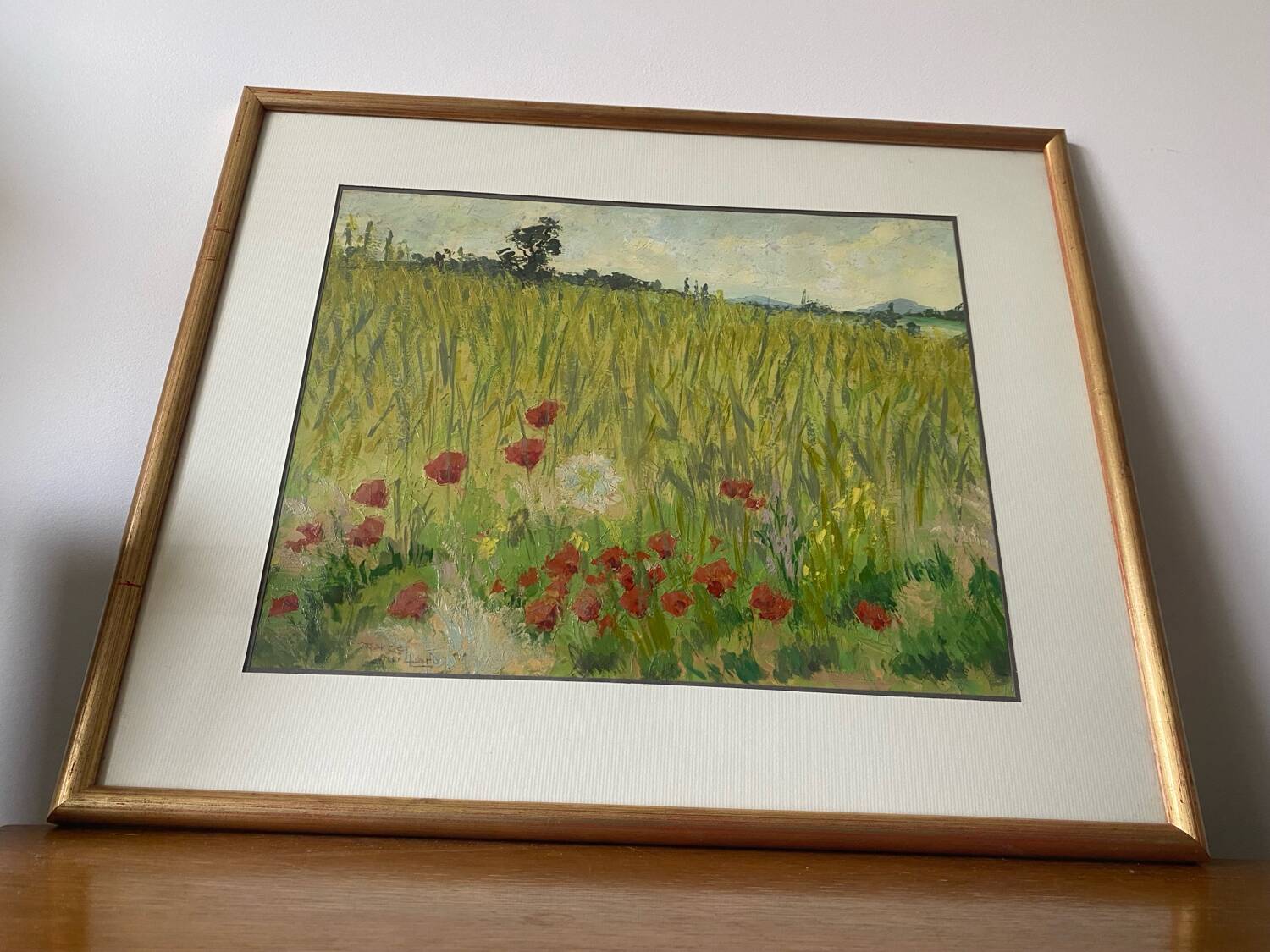 Oil painting on paper by marcel juillard, poppy fields, wooden frame