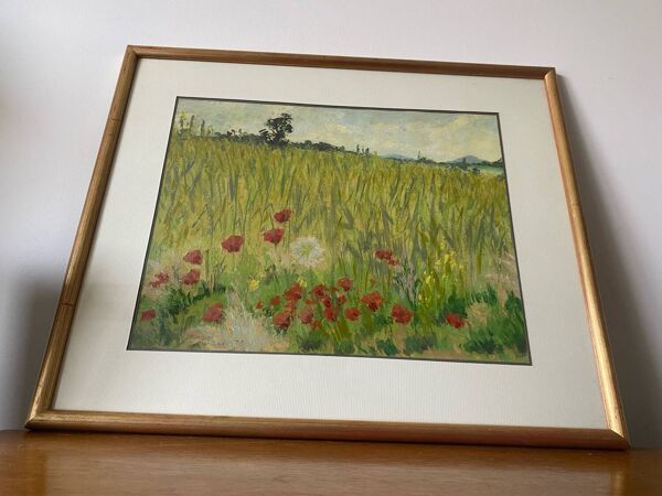 Tableau huile sur papier marcel juillard champs coquelicot cadre bois