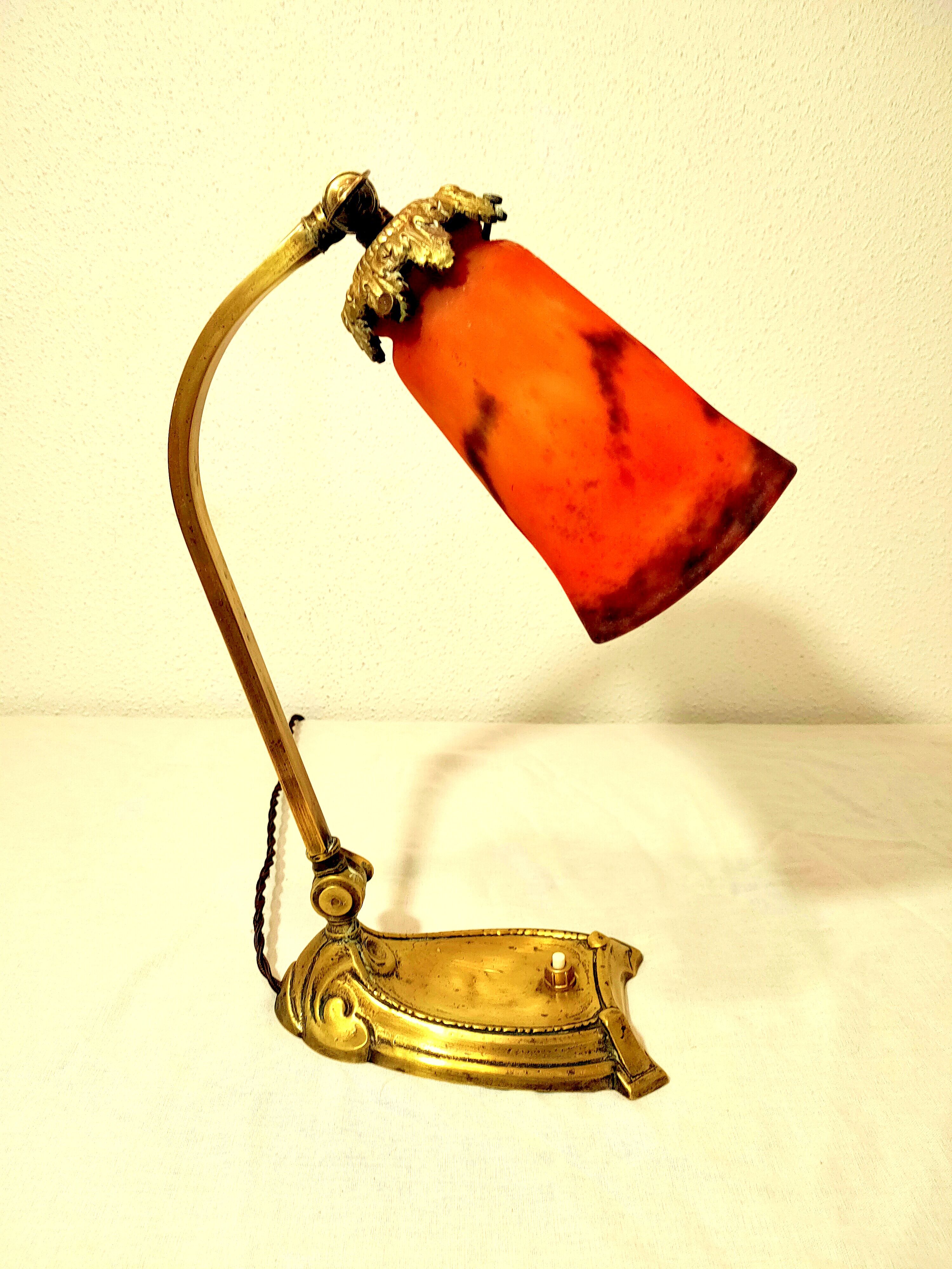 Art-nouveau lamp articulable bronze foot with glass paste shade muller lunéville