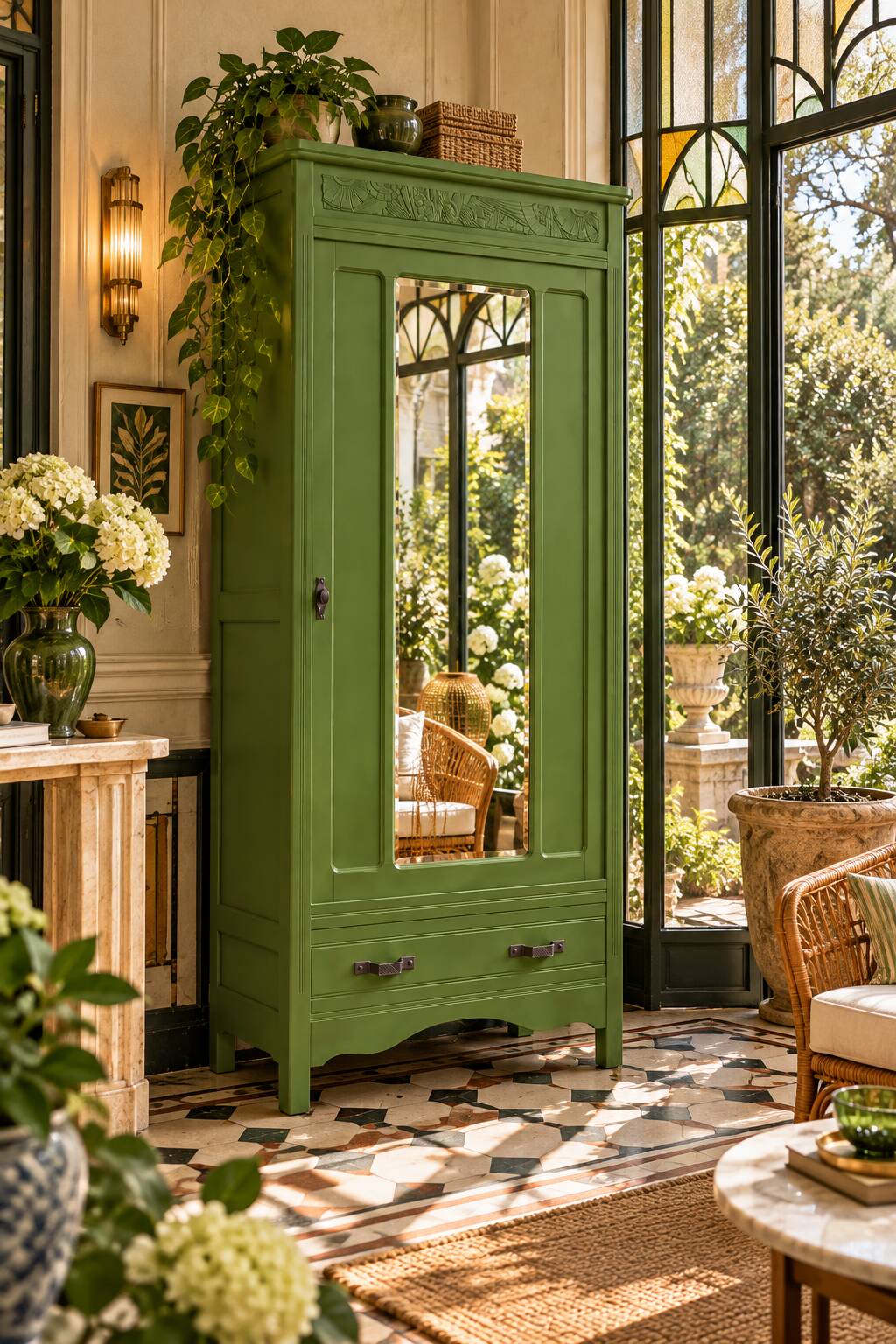 Renovated Art Deco Parisian wardrobe in khaki with original mirror.