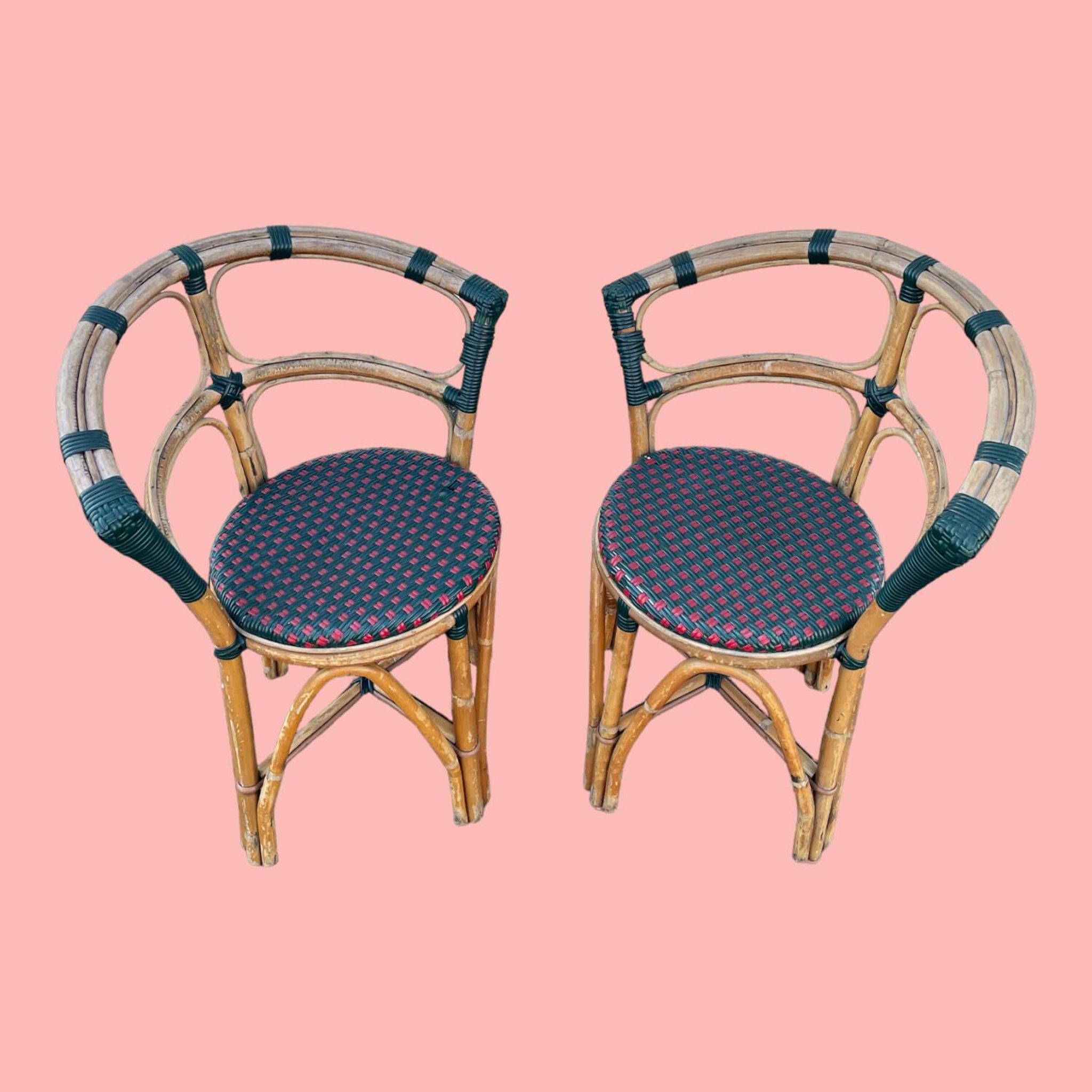 Pair of bistro chairs in bamboo and two-tone weaving