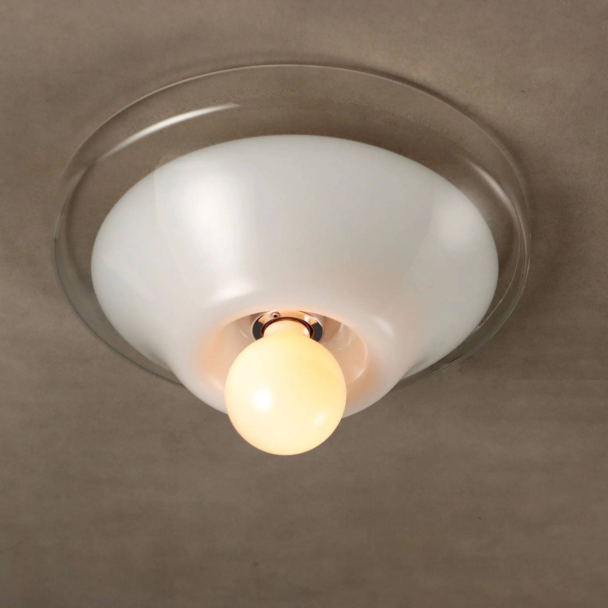 Vintage ceiling light in white and clear glass, Italian design from the 1970s.