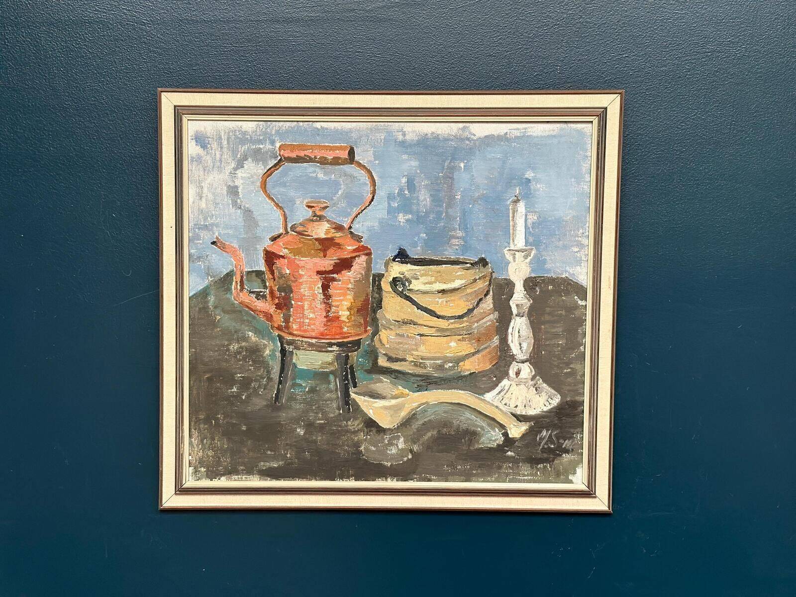 Original Mid Century Swedish Oil On Panel – “Still Life” By Ms – Vintage & Framed 66 × 61 Cm (26" × 24")