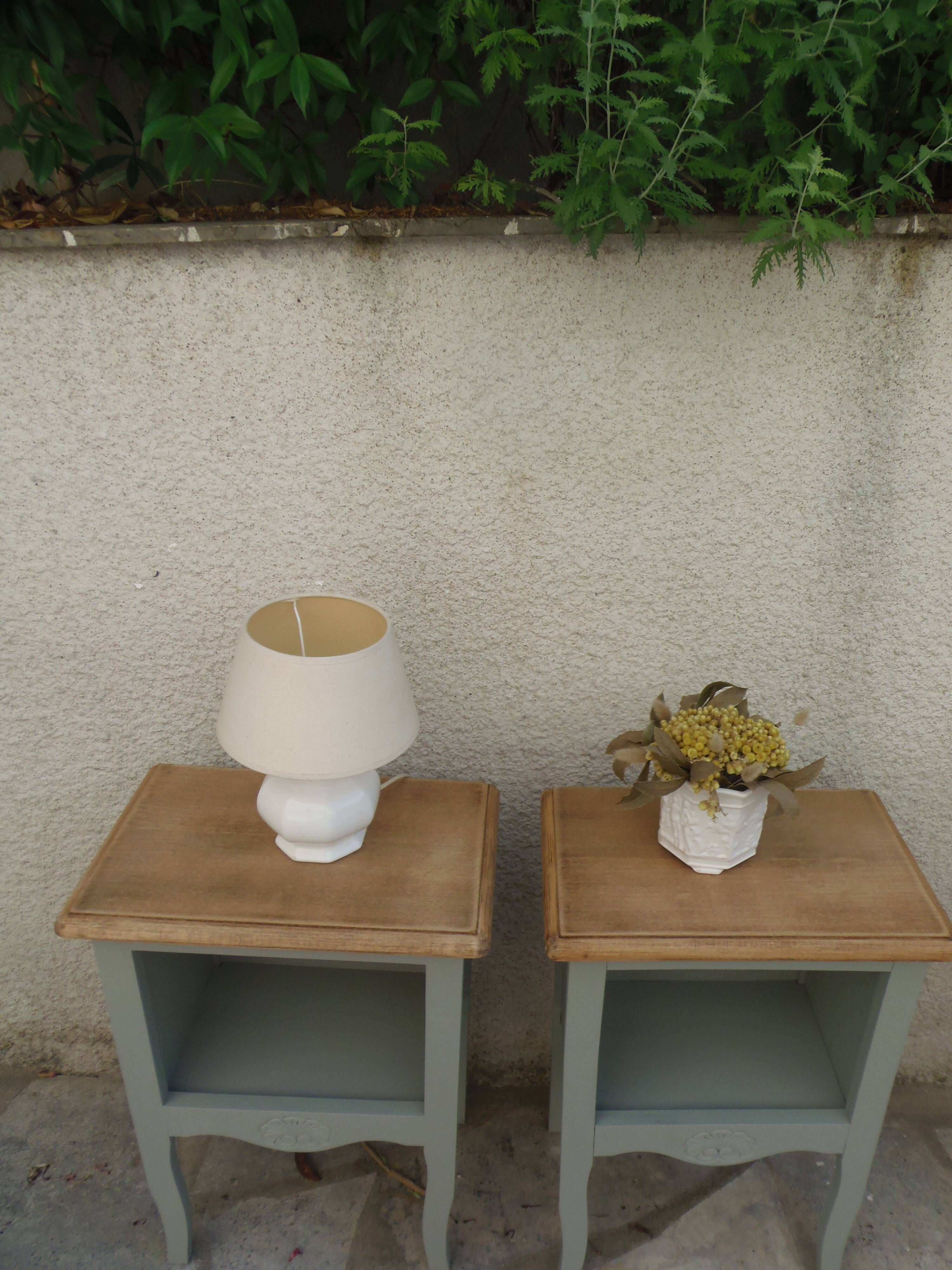 Pair of restored antique bedside tables, carefully refurbished. Painted in grey-green.