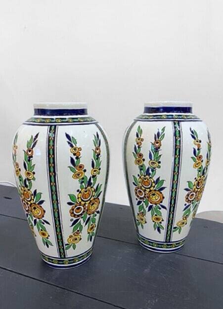 Pair of Boch Frères La Louvière vases, floral decoration signed Charles Catteau