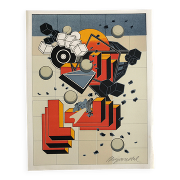 Alain le yaouanc a construction site, 1978. original lithograph signed in pencil.