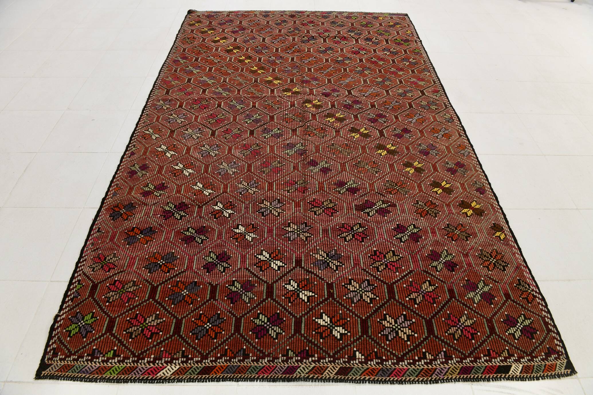 Burgundy Red Star Pattern Vintage Kilim Rug, 194x314Cm