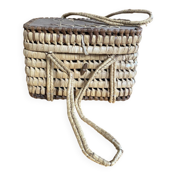 Panier Ancien Fibre Naturelle Tressée + Couvercle Bois Double Anse Vin
