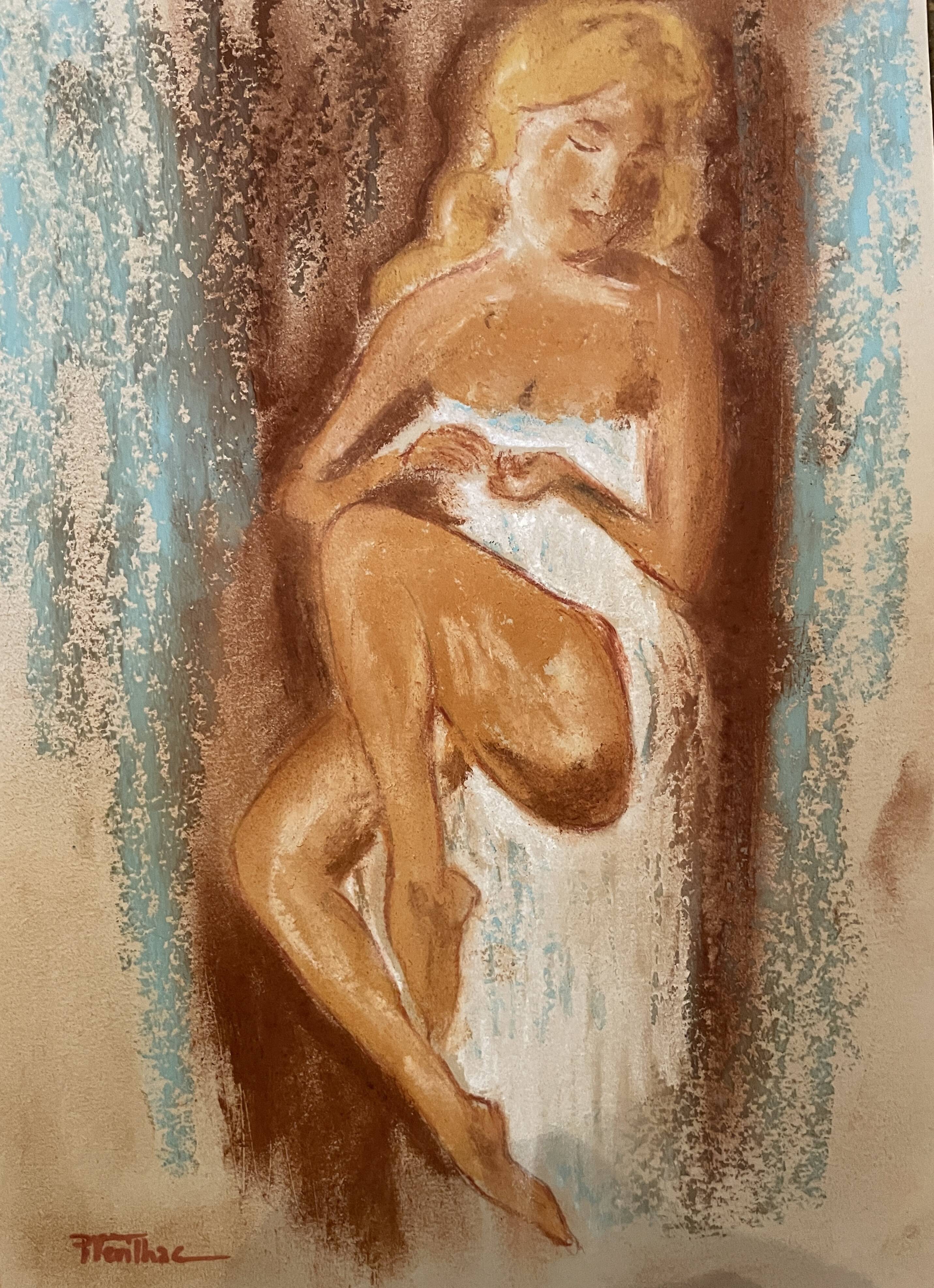 Signed pastel portrait of a woman "the manicurist"