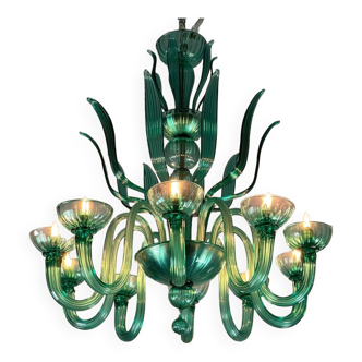 Lustre vénitien en verre de murano émeraude 10 bras de lumière