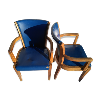 Paire de fauteuils bridge vintage en bois clair et skai bleue