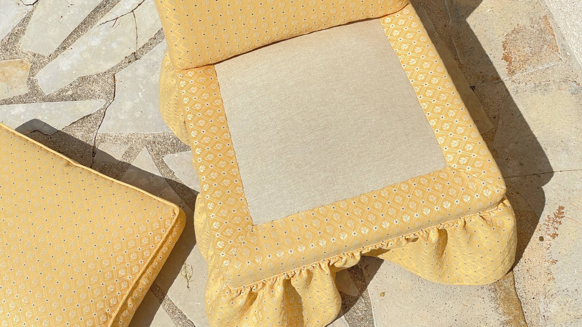 Vintage upholstered fabric toad armchair