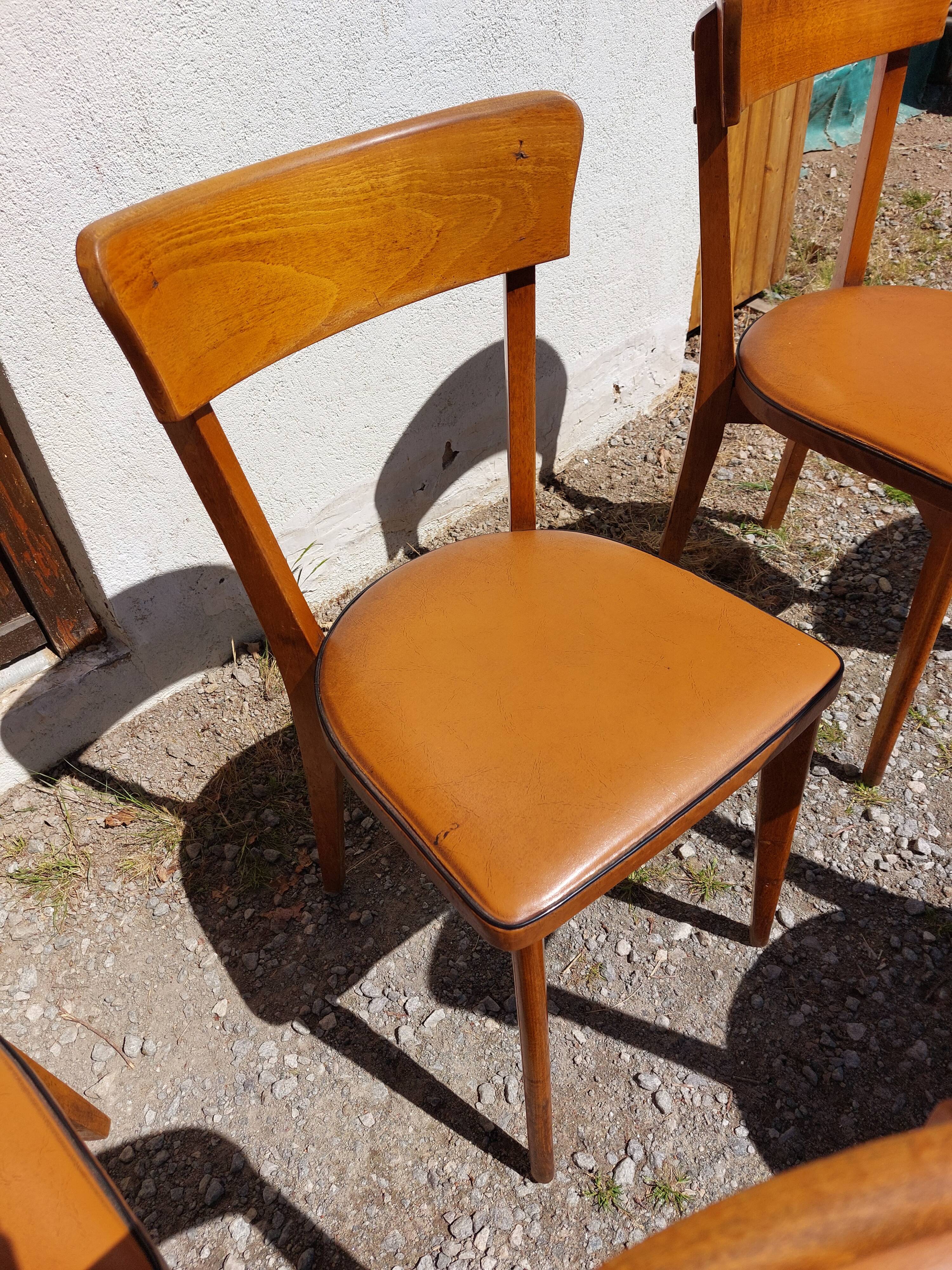 6 vintage 1960s wooden bistro chairs with camel faux leather.