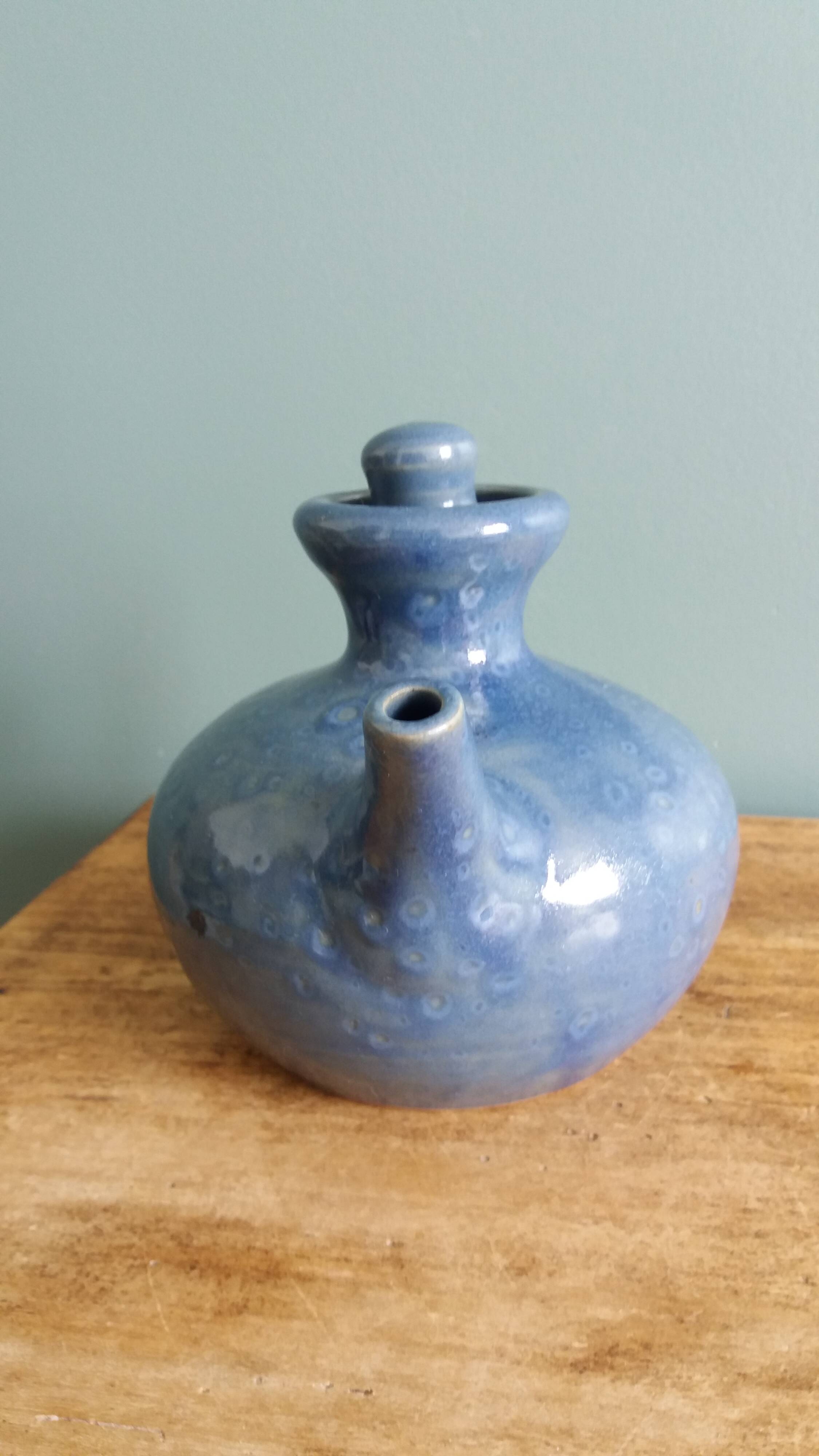 Blue glazed ceramic teapot signed