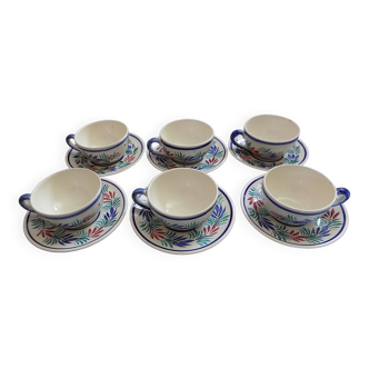 6 cups and numbered Henriot Quimper saucers