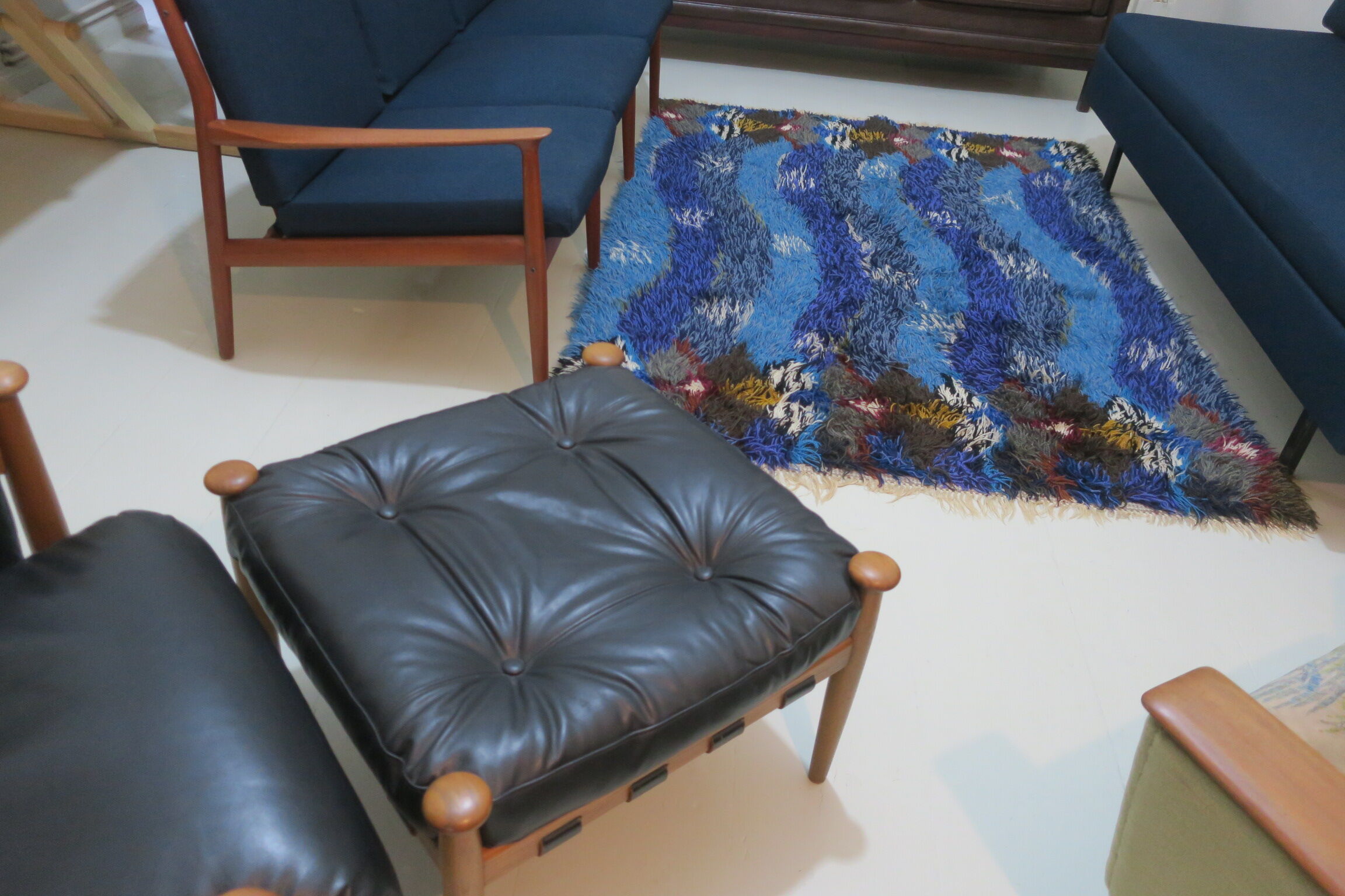 Vintage wave design blue Rya rug 202 cm x 145 cm, 1970s