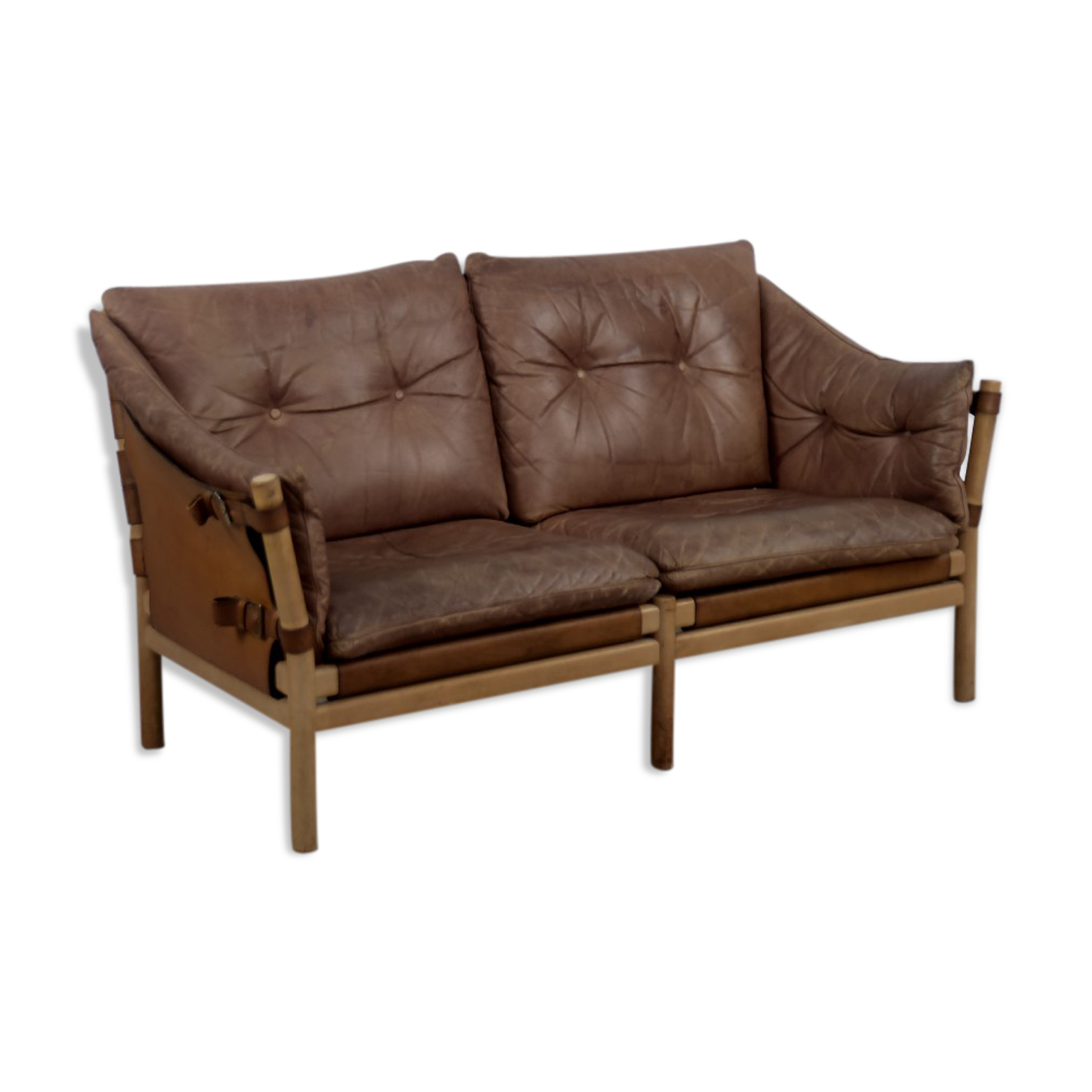 Vintage scandinavian oak & leather 2-seater Safari sofa, 1960s