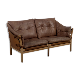 Vintage scandinavian oak & leather 2-seater Safari sofa, 1960s