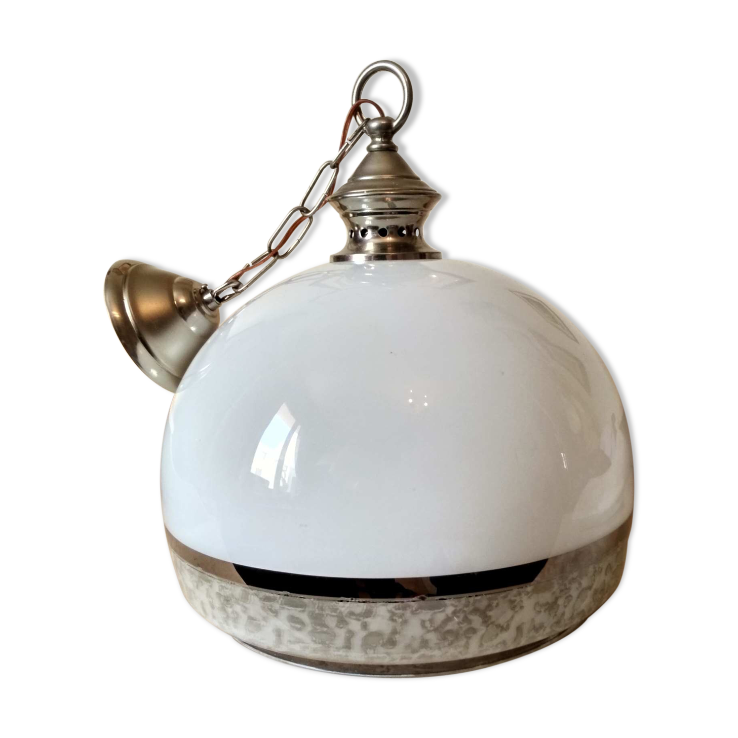 Hanging lamp 1970 globe white and grey glass silver