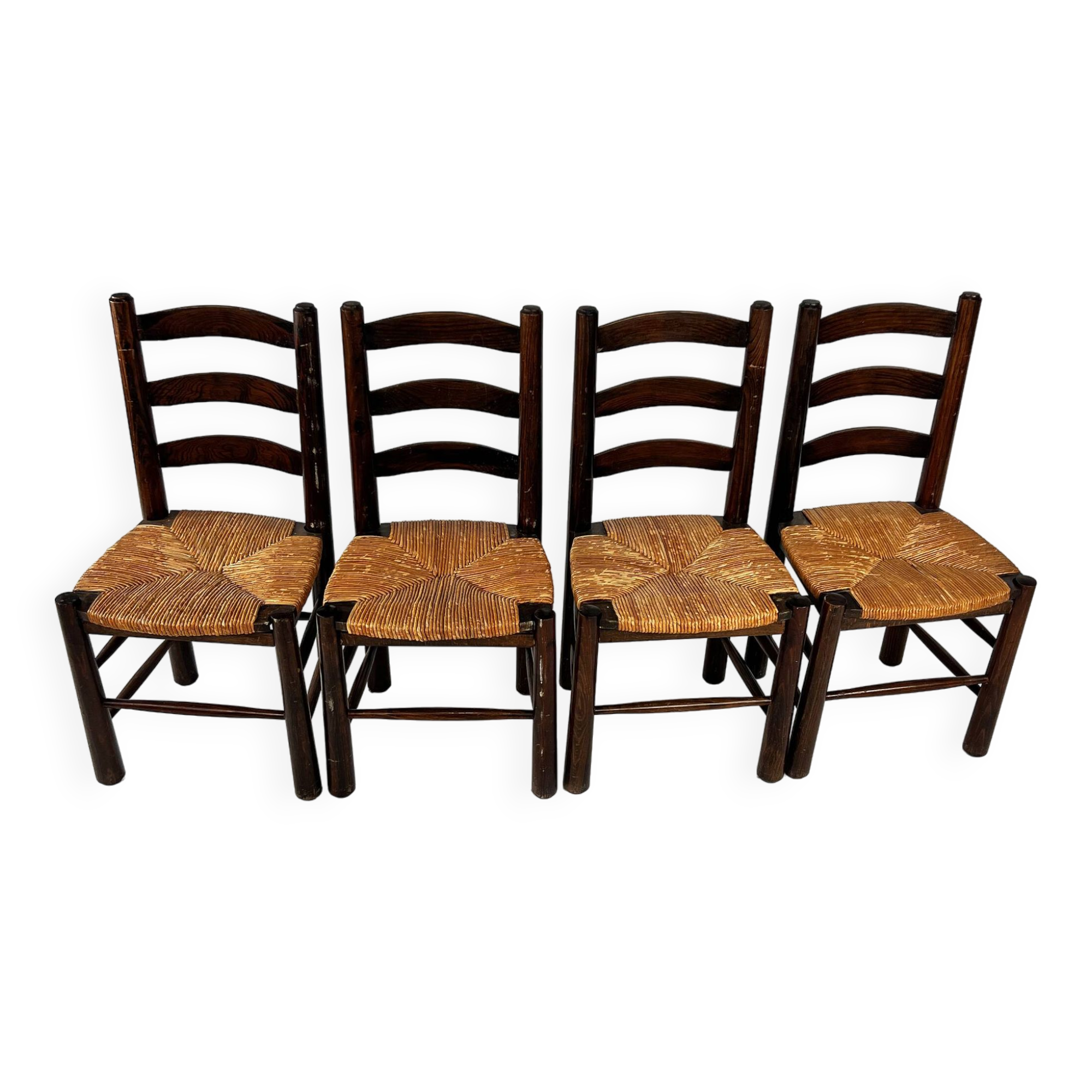 Set of 4 French Pine and Rush Dining Chairs, 1960s