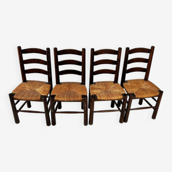 Set of 4 French Pine and Rush Dining Chairs, 1960s