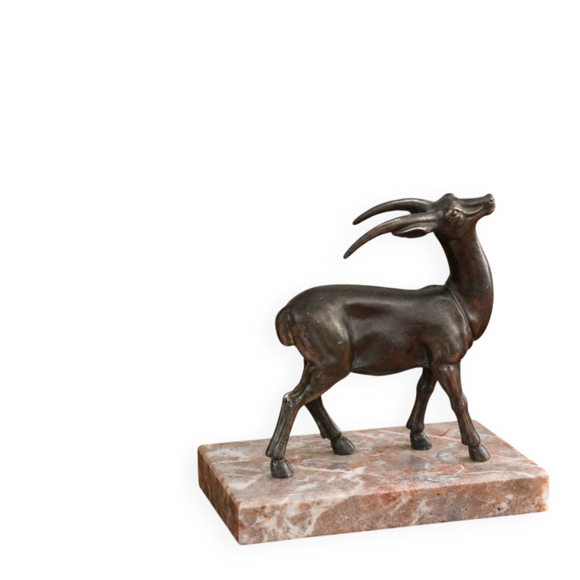 Vintage antelope gazelle bookend in patinated metal on a marble base.