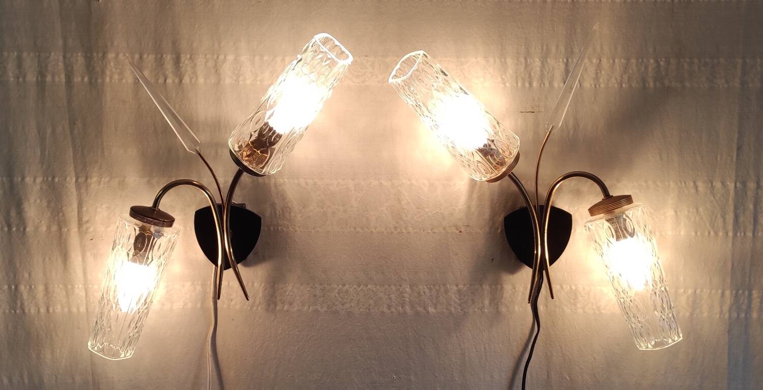 Double wall lights in gold metal and glass tulip - 60s/70s