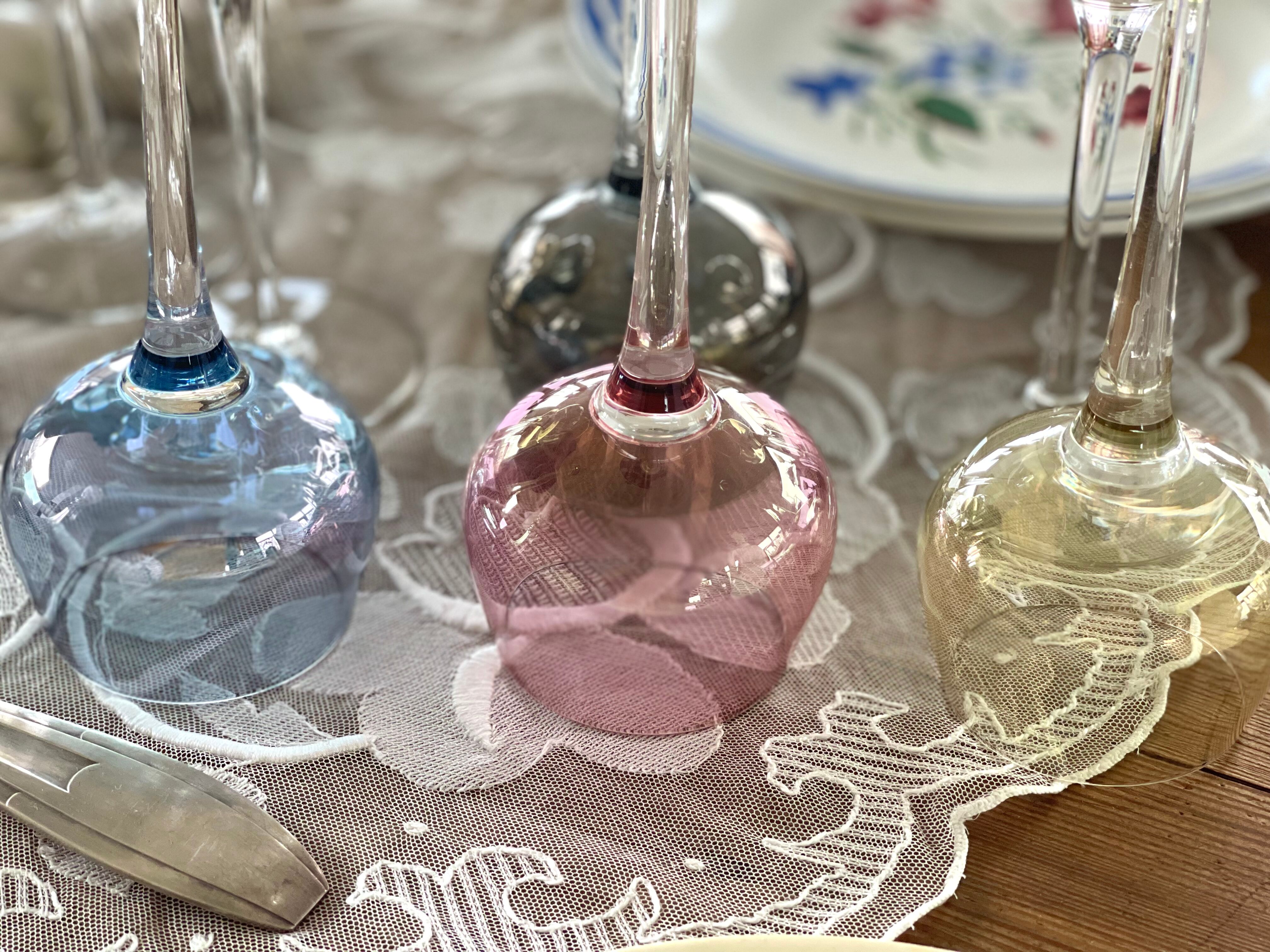 7 vintage iridescent foot glasses