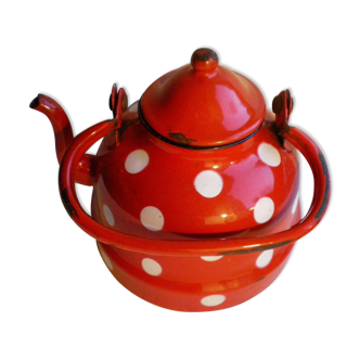 Vintage kettle in red enamelled sheet with white polka dots