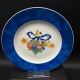6 Bernardaud Limoges Borghese dessert plates with blue rim and fruit ribbon