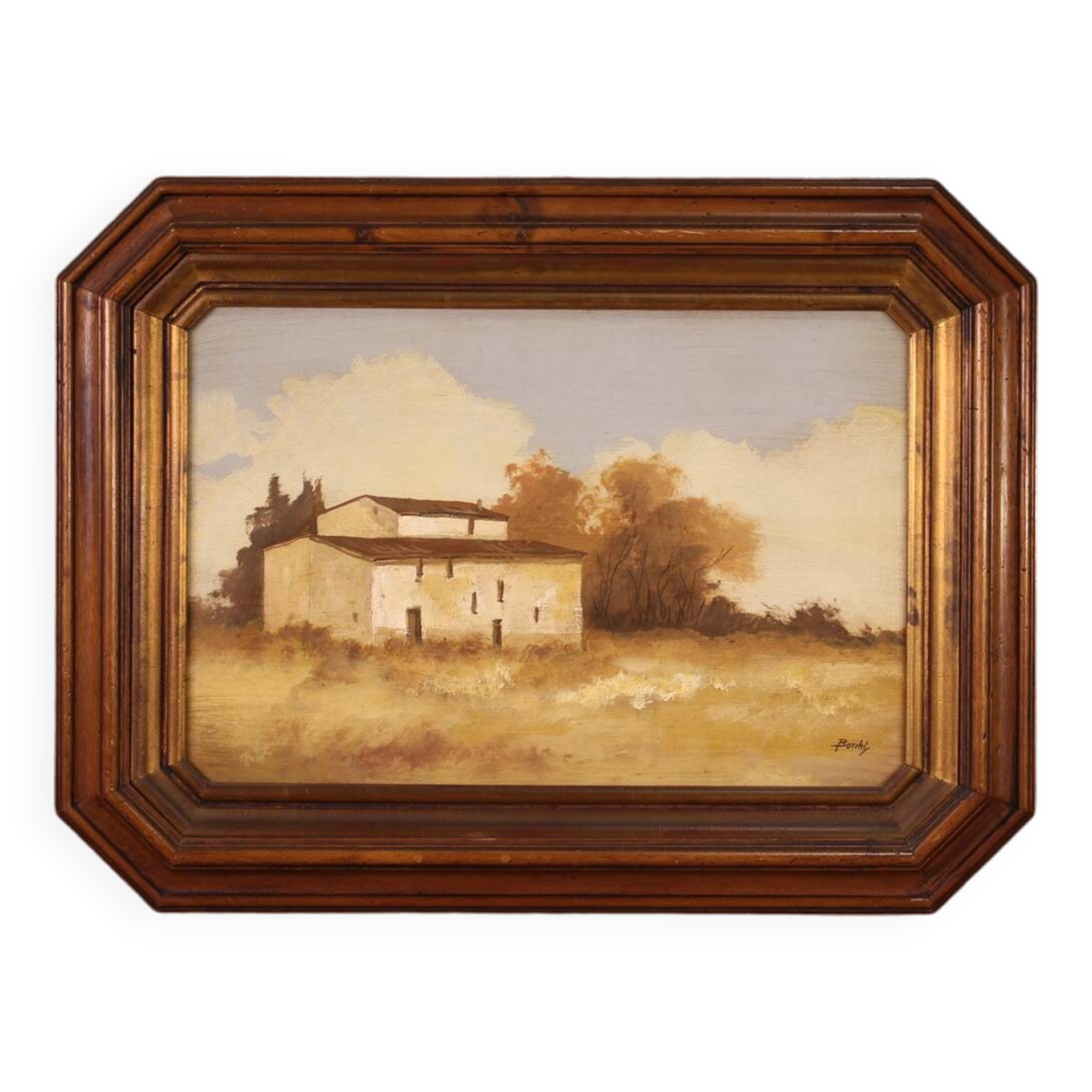 Signed painting landscape with a small house from the 20th century
