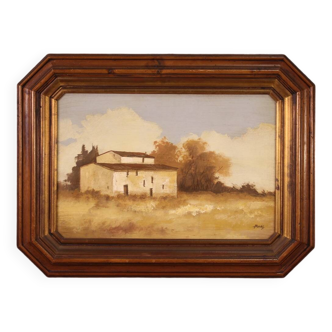 Tableau signé paysage avec une petite maison du 20ème siècle