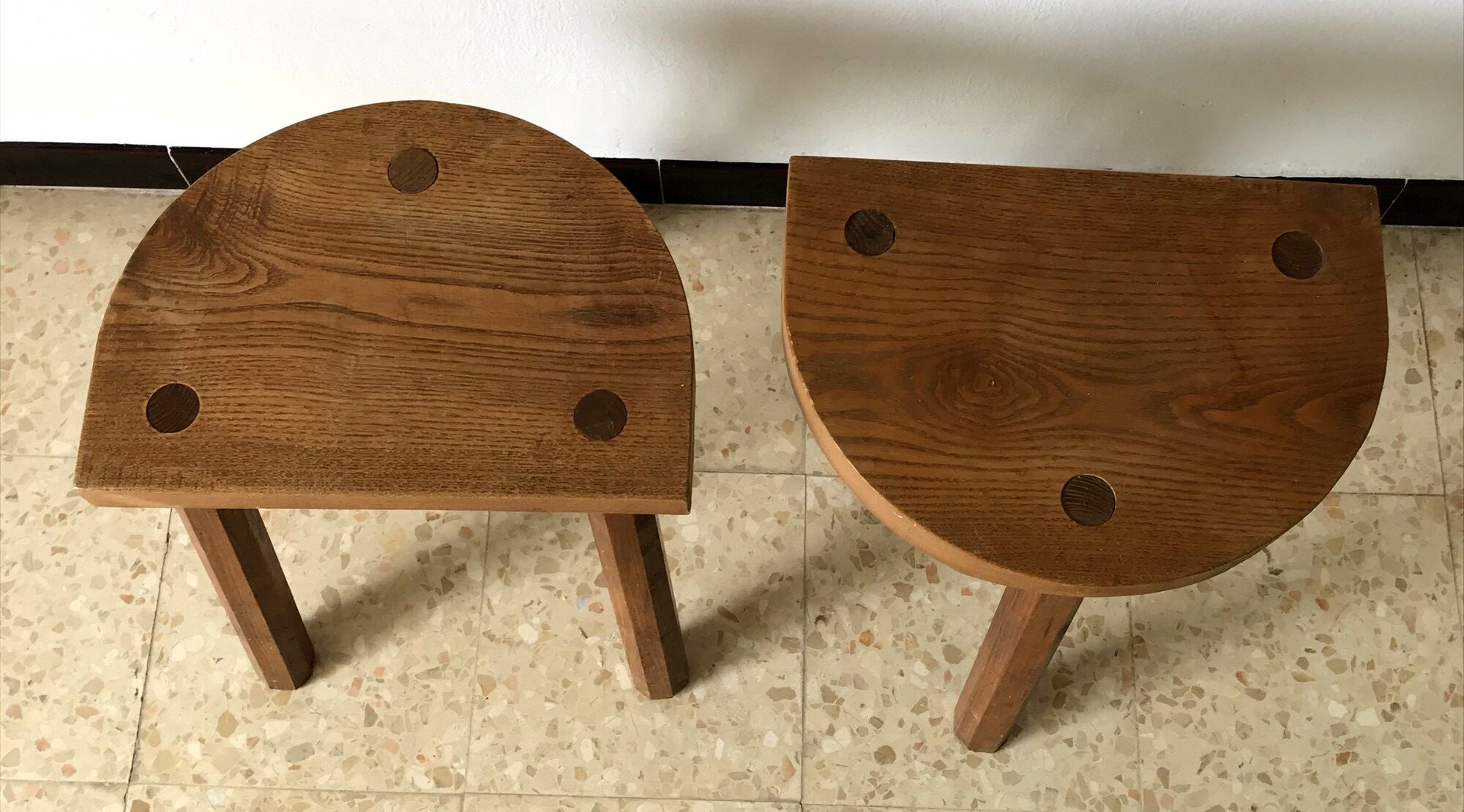 2 tripod oak stools 60s