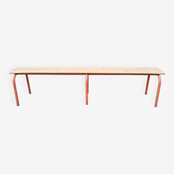 Banc d'écolier, à lattes, Mulca, bois et métal, design industriel, années 50