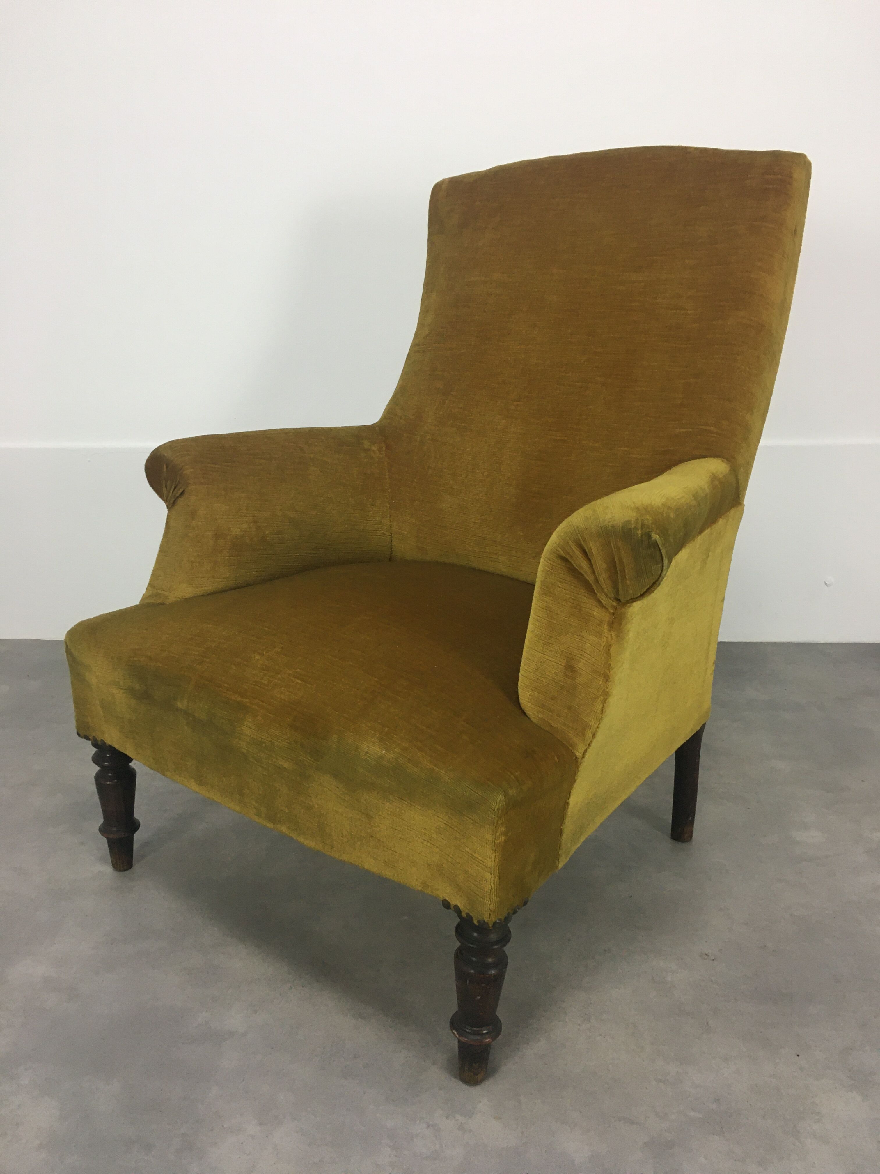 English armchair Napoleon III in mustard yellow velvet