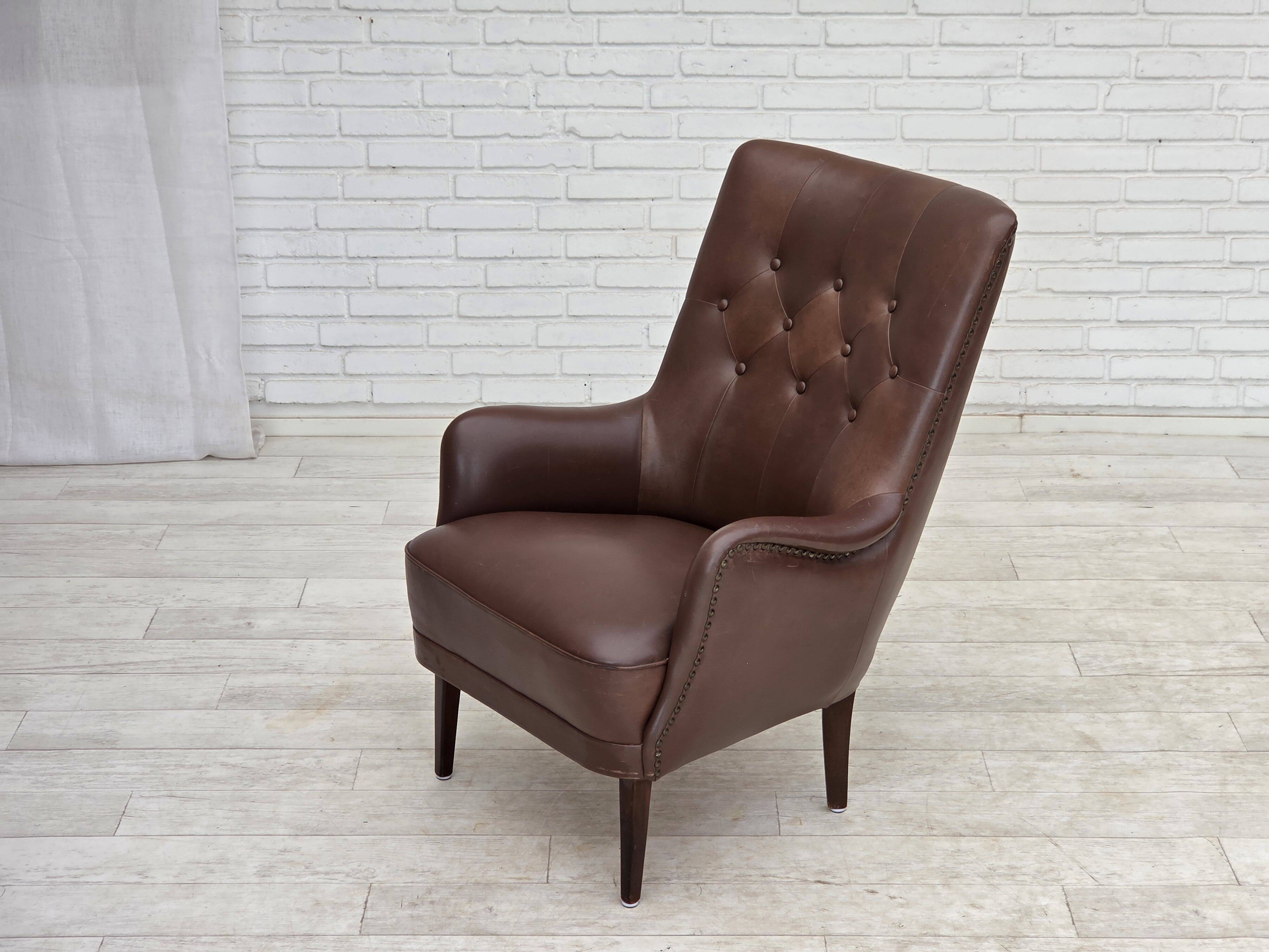 1970s, Danish armchair, original brown furniture leather.