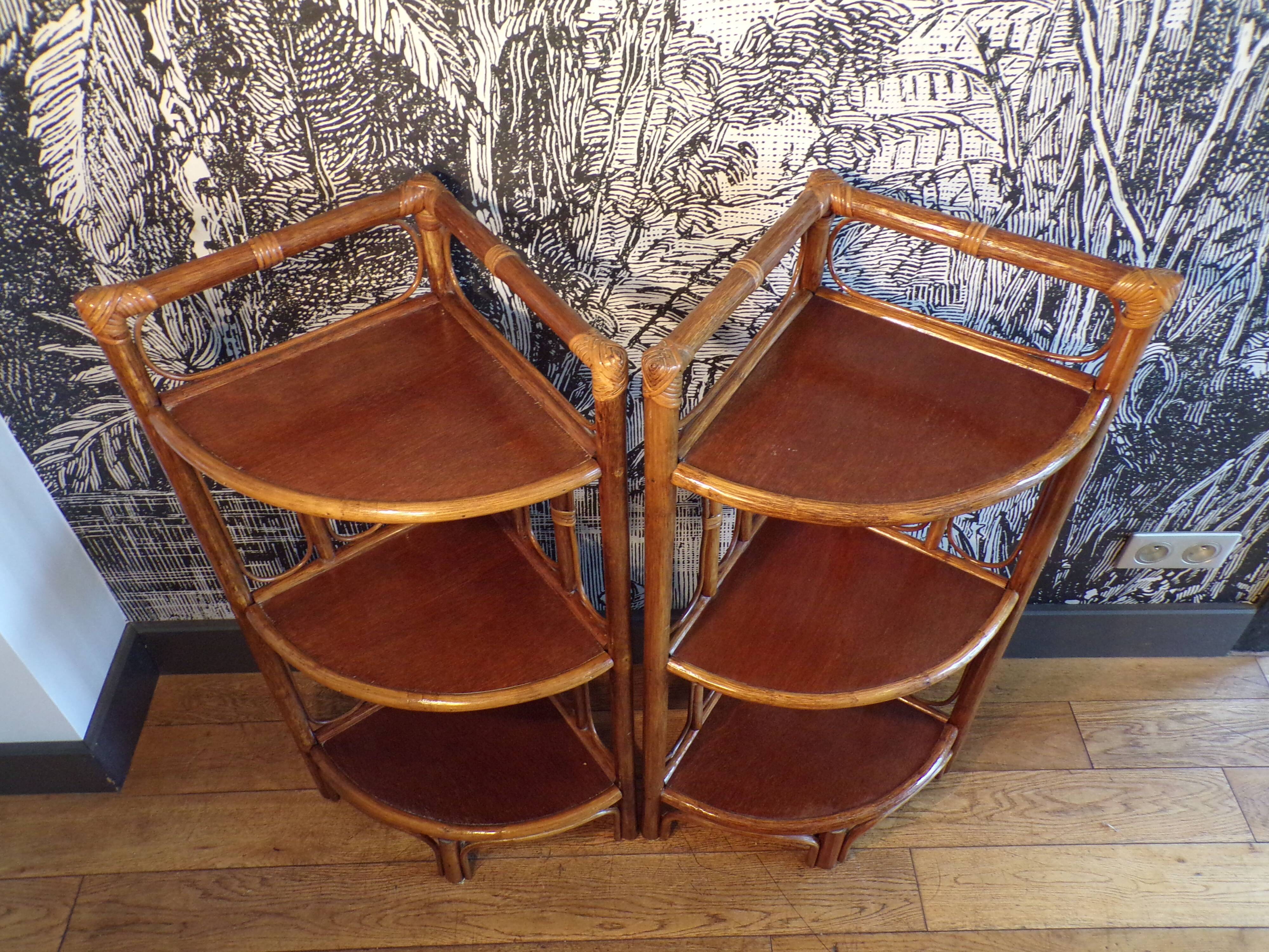 Pair of rattan corner shelves
